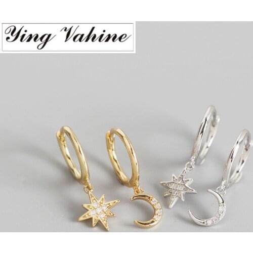 Ying Vahine 100% 925 Sterling Silver Small Moon & Star Pendant Drop Earrings for Women