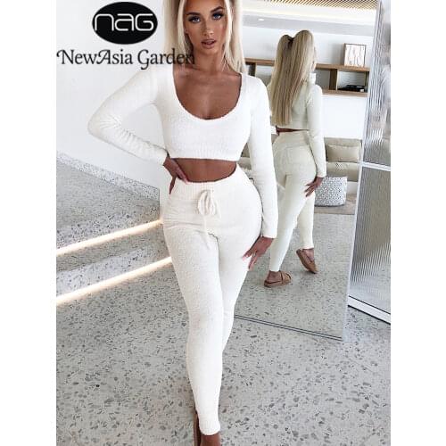 NewAsia Winter Sweater Two Piece Set Women Knit Fuzzy Pants Set Long Sleeve Crop Top Sexy 2 Piece Outfits Trousers Knitted Suit