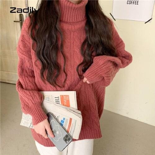 Zadily Chic 2021 Winter Knit Turtleneck Long Sleeve Womens Sweater Loose Solid Female Pullover Autumn Korean Jumper Clothing