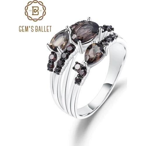 GEMS BALLET Real 925 Sterling Silver Classic Gemstone Band Ring 1.62Ct Natural Smoky Quartz Stone Rings For Women Fine Jewelry