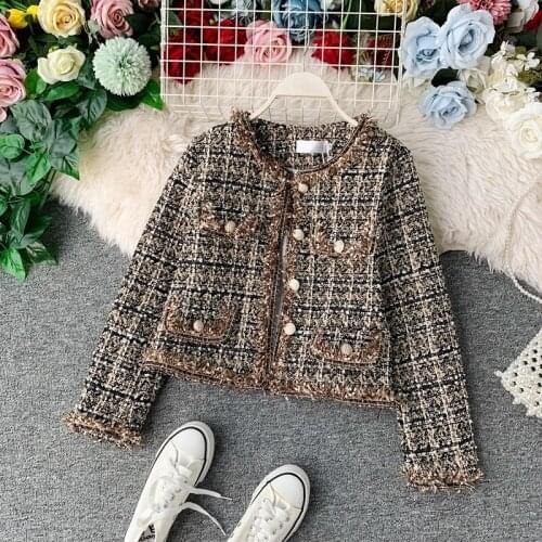 Autumn Winter Quilted Womens Coats Korean Temperament O-neck Fringed Tweed Womens Jacket Long Sleeve Short Outwear Tops