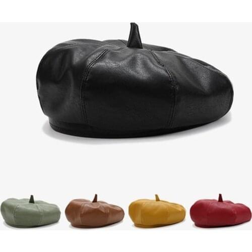 Winter Beret Cap Fashion Women PU Leather Beret Hat Laides Autumn Retro Beanie Caps British Painter Hats Boinas Para Mujer BEST