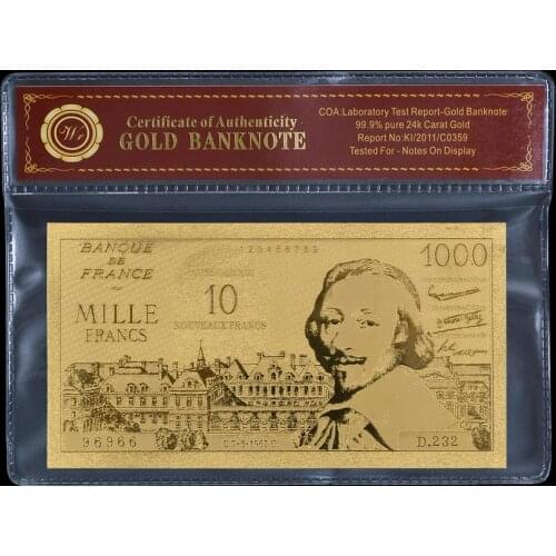 1956yearsFrance 1000 Francs Gold Banknote Plated With Pure Gold With COA NEW&RARE