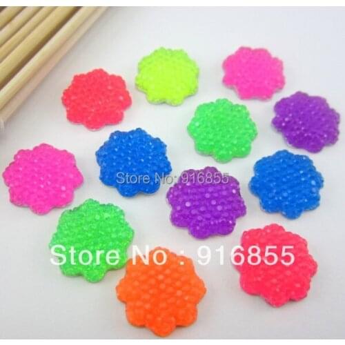 Free shipping 24pcs 16mm Flower Shape Mixed Fluorescent Color Flatback Resin Rhinestones For Diy