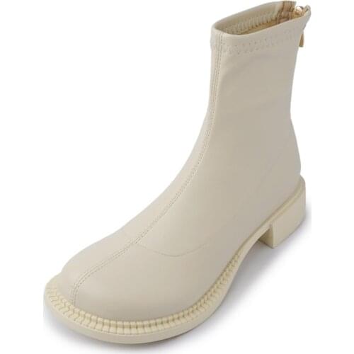 2021 New Autumn Winter Women Ankle Boots Fashion Female Zipper Low Square Heel Shoes Ladies Black White Apricot Round Toe Boots