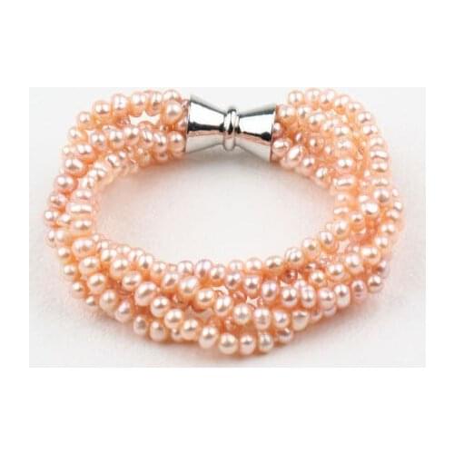 Multi Strands Natural Pink 5-6MM Freshwater Pearl Bracelet with Magnetic Clasp