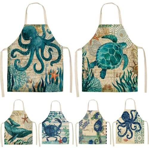 Turtle Fish Printed Kitchen Apron for Women Kids Sleeveless Cotton Linen Bibs Cooking Baking Cleaning Tools TCWQ14