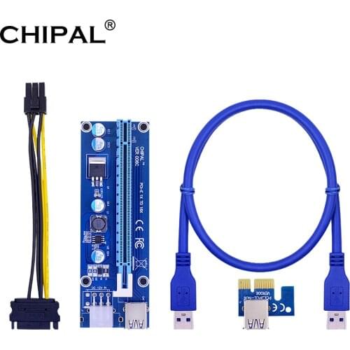 CHIPAL 100PCS VER006C PCI-E 1X to 16X Riser Card PCIE Extender USB3.0 Cable PCI-E Sata to 6pin Power Cord for GPU Graphics Card