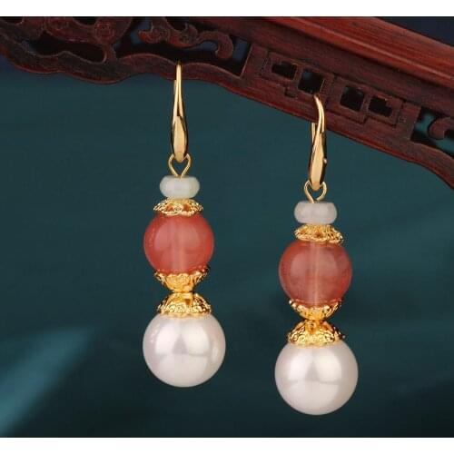 Ethnic Korean pearl crystal earrings vintage Chinese style watermelon crystal drop earrings jewelry for women