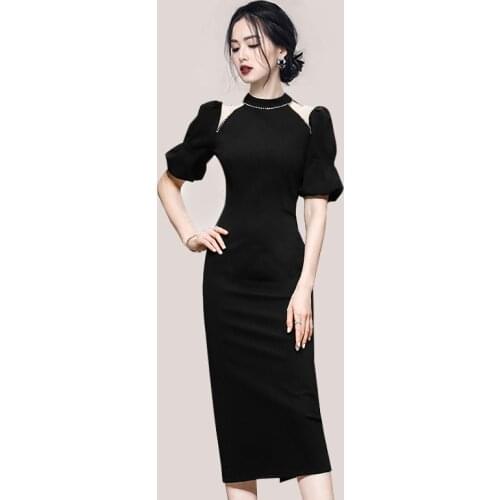 JSXDHK Temperament Korean Summer Black Sheath Dress Fashion Women Diamonds O Neck Puff Sleeve Bodycon Pencil Midi Party Dresses