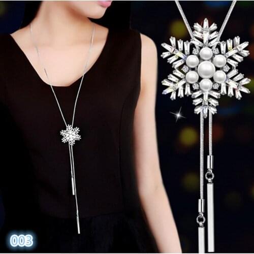 Korean Pearl Snowflake Long Tassel Pendant Women Necklace Snake Link Sweater Chain Necklaces For Party Festival Jewelry