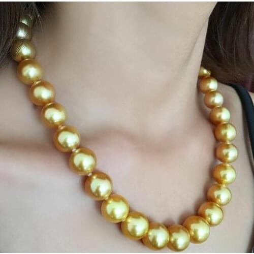Beautiful 14 MM Yellow Shell Pearl Round Beads Necklace 18"36"AAA
