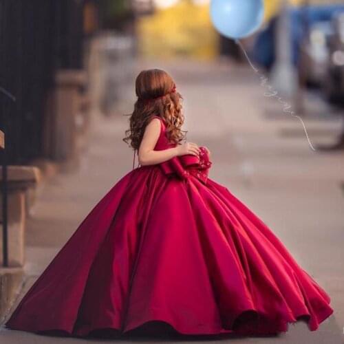 Red Girls Pageant Dresses Jewel Neck Bow Sleeveless Ball Gown Flower Girl Dress For Wedding Custom Made Satin Kids Formal Gown