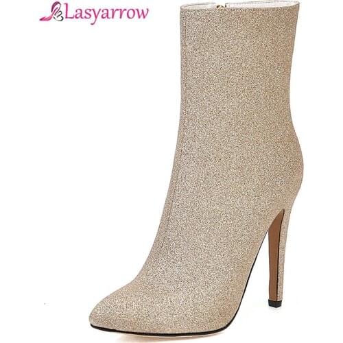 Lasyarrow Fashion Large Size 46 Bling Boots Women Shoes Woman Thin High Heels Sexy Pointed Toe Party Shoes Woman Boots Female