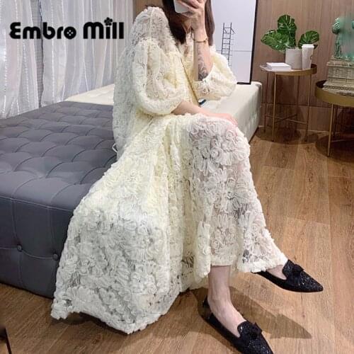 Sweet And Delicate Crochet Flowers lace Contour Summer New Lantern Sleeve Elegant Loose Lady Dress M-XL