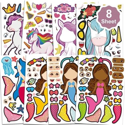 8pcs Cute Cartoon Make-A-Face Stickers Set Mermaid Unicorn DIY Puzzle Games Kids Stickers Children Birthday Gift Education Toys