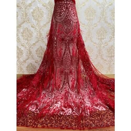 Nigerian Lace Fabric J-5288810 High Quality Lace Embroidery Beaded and feathers French Tulle African Lace Fabric for Wedding