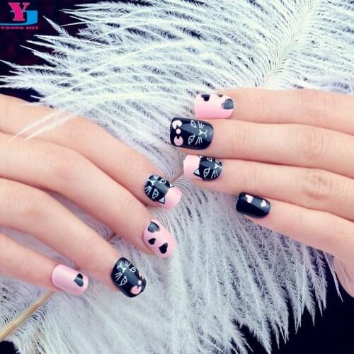 New 3 Set Candy Pink Cat Style False Nails Square Cute Acrilico Nagel Tips Faux Ongles Avec Colle Unhas Makeup Diagnostic-tool