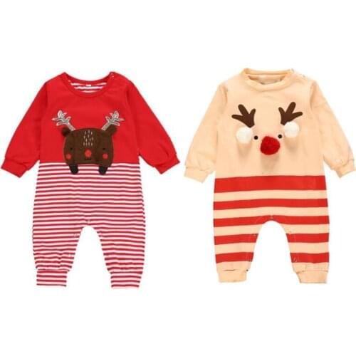 Pudcoco Autumn Christmas Romper Newborn Baby Girl Boys Clothes Deer Printed Striped Long Sleeve One-Piece Xmas Jumpsuit Outfits