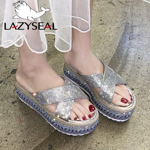 LazySeal Flat Slippers Women Shoes With Crystal Hemp High Heel Bottom Flip Flops New Female Platform Slides Chanclas Mujer