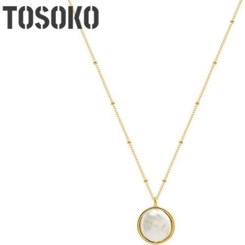 TOSOKO Stainless Steel Jewelry Geometric Circle Inlaid Imitation Pearl Necklace Womens Fashion Clavicle Chain BSP882