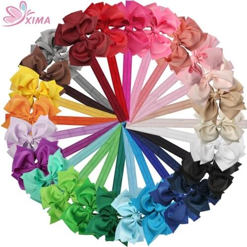 XIMA 25pcs/lot New 4inch Ribbon Bows with Elastic Headband for Girls Hairband Children Headwear