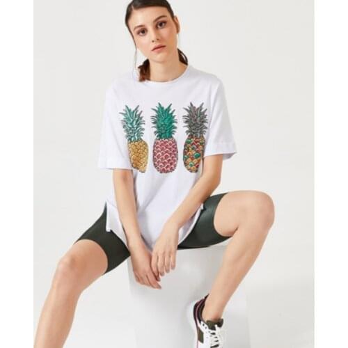Women T-shirt Pineapple Printed Oversized T-shirt Side Slit Long Half Sleeve Sports Blouse Top Y2k Female Anime Bts