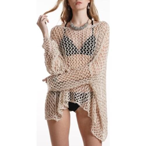 Women Bikini Cover up Long Sleeve Knitted See Through Sun Protection Loose Top Womens swimsuits