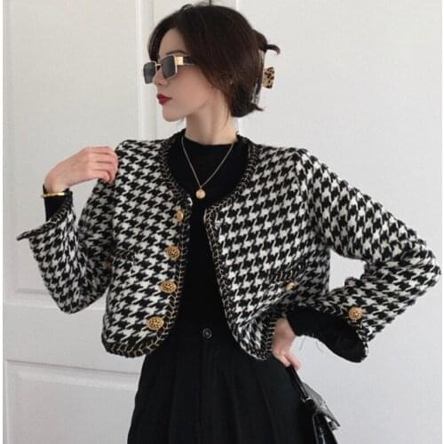 Woman Jacket 2021 Autumn New Korean Fashion Retro Lapel Houndstooth Single-breasted Pocket Cardigan Cropped Jackets Women