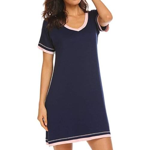 Women Sexy Pajamas Cotton Solid Color Round Neck Short Sleeve Nightdress Lingerie Home Clothing
