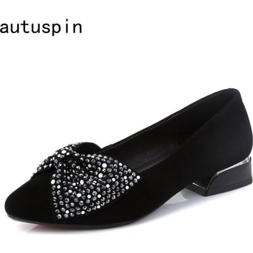 Autuspin Womens Shallow Pumps Fashion Genuine Suede Pointed Toe Thick Heels Pump Ladies Office Working Dress Prom Shoes Black