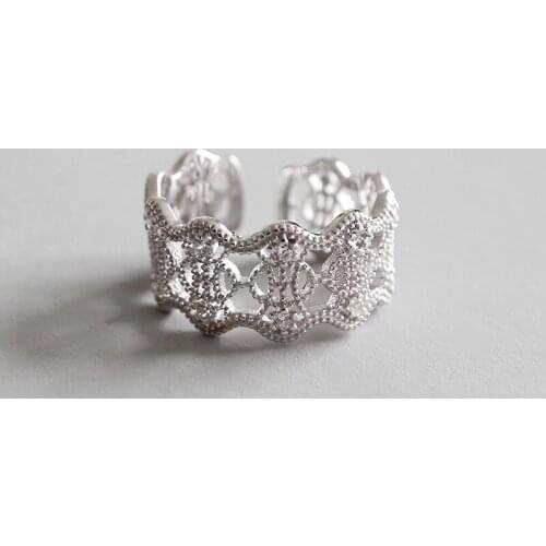 WYJZY Fashion retro openwork lace sterling silver opening ring for women casual wear accessories ladies exquisite gift