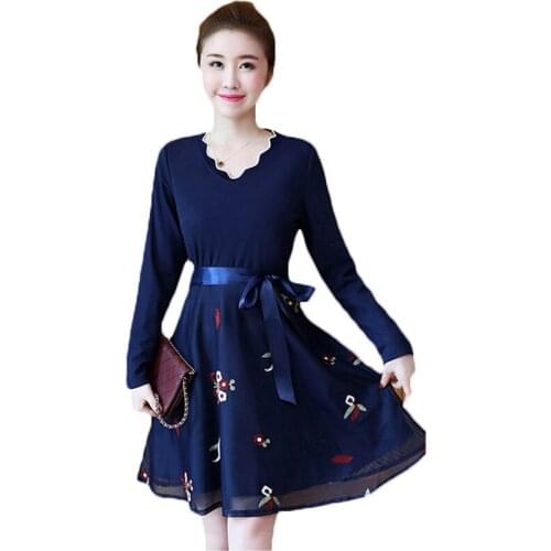 5XL Plus Big Size Women Clothing 2021 Spring Autumn Dress Korean Embroidery V-neck Stitch Party Cute Sweet Dress Female A906