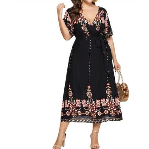 Plus Size Floral Boho Dress Women 2021 New Summer V Neck Short Sleeve Flower Print Chiffon Party Dress Maxi Long Dresses 5XL