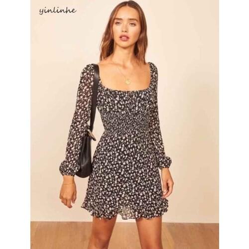Yinlinhe Black Floral Elasticity Slim Waist Vintage Dress Women Long Sleeve Summer Dress Backless Lace Up Beach Vestidos 1463