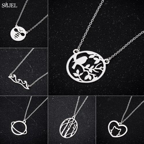 Bohemian Stainless Steel Bee Necklaces Delicate Fashion Bird Waves Tree Planet Pendants Choker for Men Women Christmas Gifts
