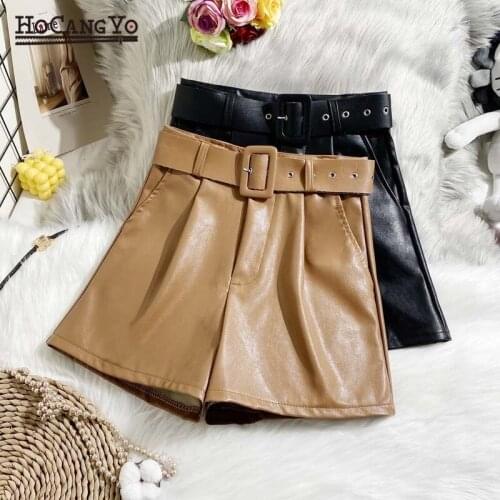 Women PU Leather Shorts Black Sashes Korean Style Mini Shorts Women Wide Leg Bermuda Shorts Bottoms Pantalones Cortos De Mujer