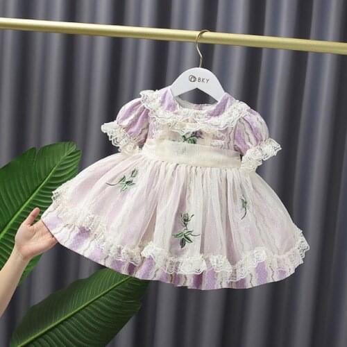 Lolita Baby Girls Summer Embroidered Sweet Bowknot Dress Infant Princess Lace Short Sleeve Birthday Party Dresses For Girl A350