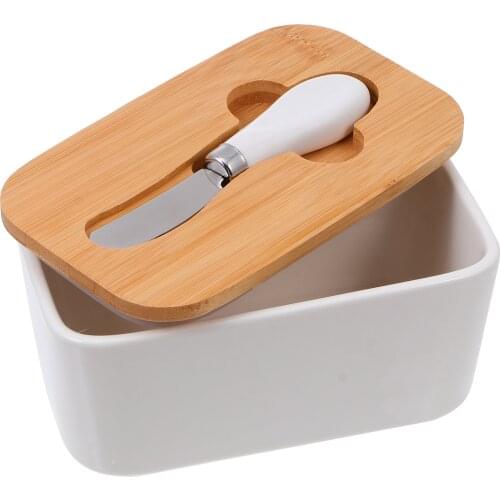 Home Butter Storage Box Butter Container With Cutter Bamboo And Wood Covered Ceramic Butter Cheese Storage Box Assorted Color