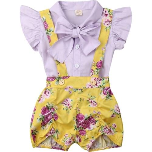 Boutique Clothes Set Cute Toddler Baby Girl Fly Sleeve Top Short Pants Floral Overalls Set Clothes Size 1-4Y