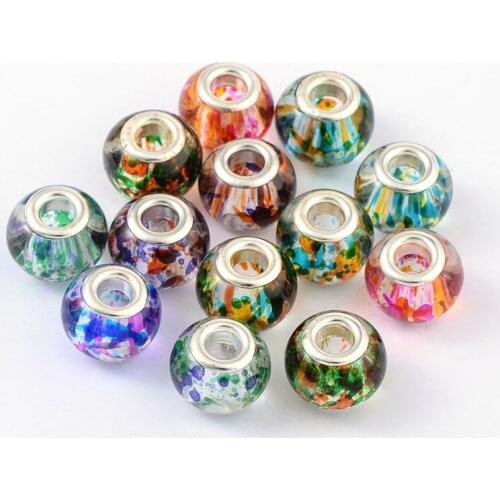 100pcs 15x12mm Spray Painted Glass Rondelle European Large Hole Beads Two Tone for jewelry making with Brass Cores ,Mixed Color