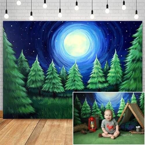 Mocsicka Photography Background Oil Painting Moon Pine Forest Baby Shower Background Decor Photo Studio Photocall Photo Prop