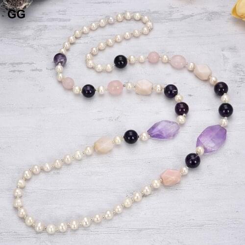 GuaiGuai Jewelry Natural Stone 42'' Natural White Pearl Rose Quartz Amethyst Pink Opal Gems Stone Necklace