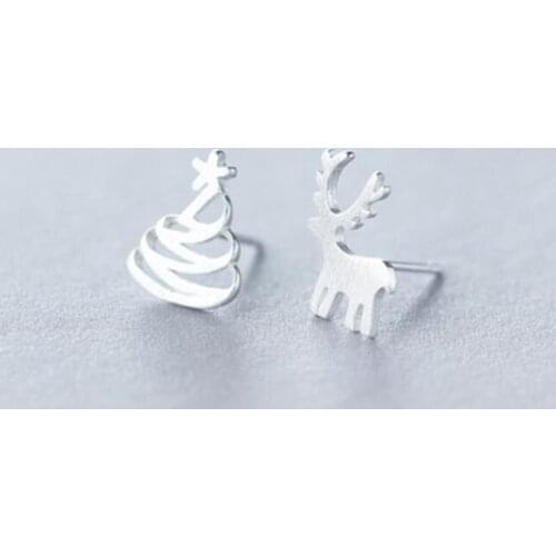 Jisensp Lovely Deer Christmas Tree Stud Earrings for Women Kids Sliver Color Metal Asymmetric Earrings Temperament Jewelry Gift
