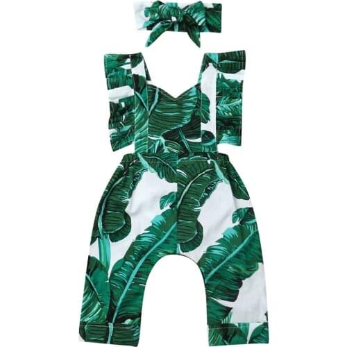 2020 Baby Summer Clothing Infant Girls Boys Romper Cotton Floral Ruffle Sleeveless Romper Bandage Jumpsuit Headband 2pcs Outfit