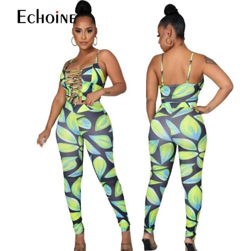 Echoine Summer Print Sport Two Piece Set Women Fitness Spaghetti Sleeveless Long Pant Sexy Fancy Tracksuits FashionOutfits