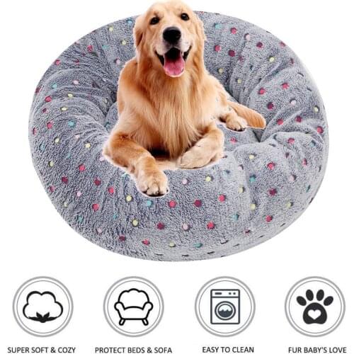 Colorful Dot Embroidery Dog Bed Plush Round Shape Dog Kennel Cats House Super Soft Thick Mat Sofa for Dog Pets