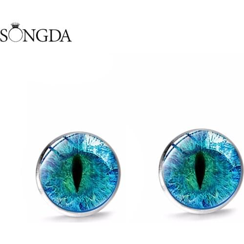 Gothic Dragon Evil Eye Ear Nail Punk Green Blue Purple Eyes 3D Printed Glass Round Stud Earrings Personality Mens Jewelry