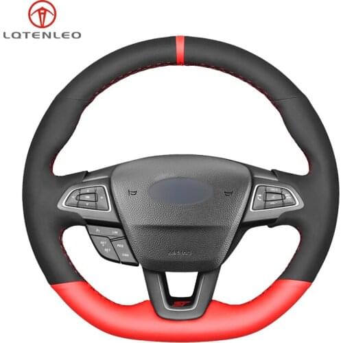 LQTENLEO Black Suede Red Leather Car Steering Wheel Cover For Ford Focus (RS | ST | ST-Line) 2015-2018 Kuga Ecosport (ST-Line)