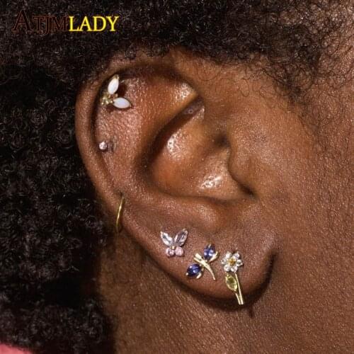 925 sterling silver cute lovely small stud multi piercing Blooming daisy flower Branch cz silver earring for women girl jewelry